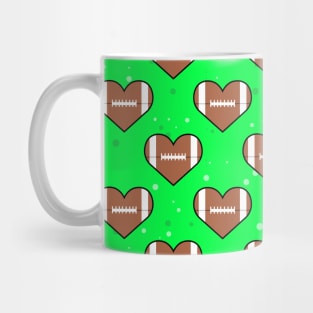 American Football Ball Texture In Heart Shape - Seamless Pattern on Green Background Mug